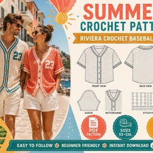 May include: A digital crochet pattern for a Riviera baseball jersey, featuring a V-neck, button-front, and number 23. Includes technical diagrams, front and back views, sleeve details, button band, stitch pattern, and sizing from XS to 5XL.