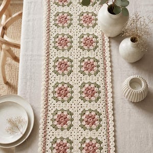 Caminho de mesa quadrado da vovó em crochê (PDF), decoração de mesa estilo fazenda, padrão para iniciantes, download instantâneo