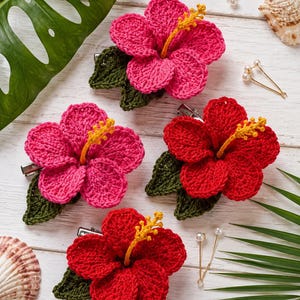 Mönster för virkade hårspännen med hibiskusblommor i PDF-format | Tropisk blomma | Nybörjarvänlig | Direkt nedladdning | DIY-håraccessoar