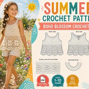 Op de afbeelding: Een haakpatroon voor een hemdje genaamd Summer Crochet Pattern Boho Blossom Crochet Tank. De afbeelding bevat een foto van het afgewerkte kledingstuk, technische schetsen van de voor- en achterkant, een bloemenpatroon en een maattabel in cm.