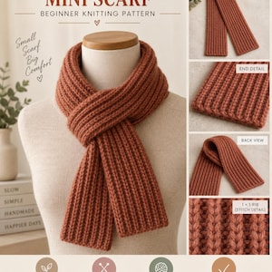 Op de afbeelding: Een roestkleurige geribbelde minisjaal op een etalagepop. De tekst luidt EVERYDAY RIBBED MINI SCARF, BEGINNER KNITTING PATTERN, Small Scarf Big Comfort en 14 cm x 100 cm. Inclusief details van de uiteinden, achterkant en 1x1 ribsteek.