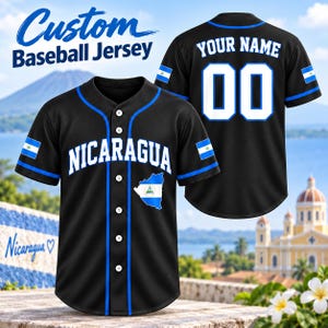 May include: A black baseball jersey with blue piping, featuring the text NICARAGUA in white across the chest, a map of Nicaragua with the national flag, and the Nicaraguan flag on the sleeves. The back displays the text YOUR NAME and 00.