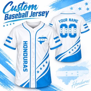 May include: A white and blue custom baseball jersey featuring the text HONDURAS, a map of Honduras, and the Honduran flag design. The back displays the text YOUR NAME and the number 00, with blue star accents and a button-down front closure.