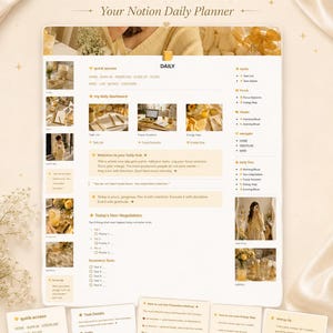 Può includere: Un modello di pianificatore giornaliero digitale per Notion con uno schema di colori beige e crema. L'interfaccia include sezioni per l'accesso rapido, una dashboard giornaliera, elenchi di attività, sessioni di focus, mappe energetiche e rituali, con il testo Daily Your Notion Daily Planner.
