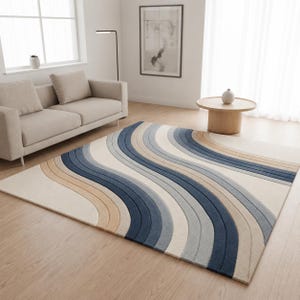 Modern abstract golfvormig vloerkleed, minimalistisch golvend en getuft tapijt, blauw, beige en grijs 3D-patroon vloerkleed voor de woonkamer, esthetische boho-woondecoratie