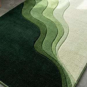 Handgemaakt groen golvend getuft vloerkleed | Modern abstract mosgroen tapijt met kleurverloop | Esthetisch 3D-gesneden vloerkleed voor woonkamer en slaapkamer