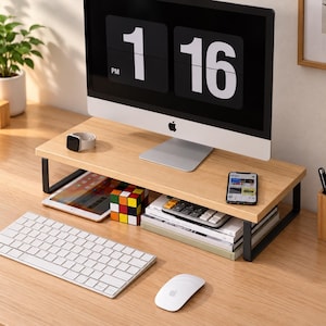 May include: A rectangular monitor stand featuring a light wood grain top surface supported by two black metal legs. The stand provides storage space underneath for a tablet, a colorful puzzle cube, a calculator, and stacked books.