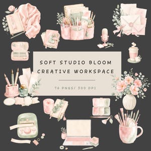 Soft Studio Bloom Clipart, PNG per area di lavoro creativa, adesivi per agenda (download digitale)