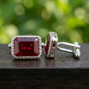 Gemelos de rubí facetado hechos a mano - Plata de ley 925, joyería vintage de lujo para hombre, regalo para padrino de boda