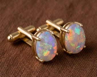 Natural Ethiopian Opal Cufflinks - 925 Sterling Silver , Vintage Luxury Men Jewelry, Groomsman Gift
