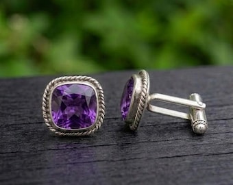 Cushion Cut Natural Amethyst Cufflinks - 925 Sterling Silver , Vintage Luxury Men Jewelry, Groomsman Gift
