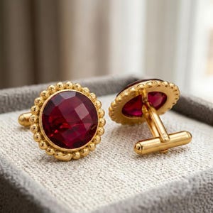 Handmade Faceted Ruby Cufflinks - 925 Sterling Silver , Vintage Luxury Men Jewelry