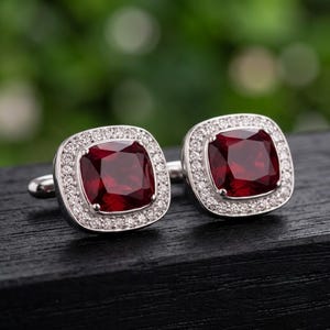 Gemelos de rubí facetado hechos a mano con diamantes simulados - Plata de ley 925, joyería vintage de lujo para hombre