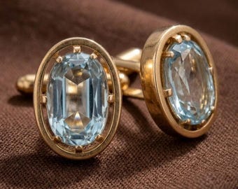 Faceted Aquamarine Cufflinks - 925 Sterling Silver , Vintage Luxury Men Jewelry, Groomsman Gift