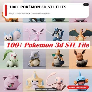 Könnte beinhalten: Eine digitale Sammlung von über 100 Pokémon 3D-STL-Dateien mit verschiedenen Charaktermodellen wie Glurak, Lucario, Evoli und Mew. Das Bild zeigt ein Raster aus mehreren farbenfrohen 3D-gerenderten Figuren mit dem Text 100+ POKEMON 3D STL FILES.