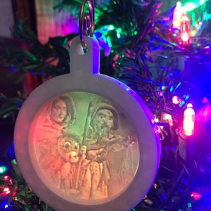 Nestor the long eared donkey with Mary and Joseph Christmas Lithophane Ornament  Needs light for image to show