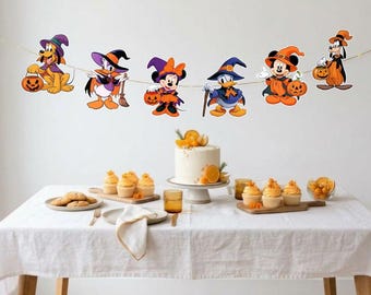 6 Striscione di Halloween con Topolino e Minnie stampabile a tema Disney Friends, decorazione per feste di Halloween, decorazione per baby shower a tema Topolino e Halloween