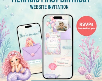 Mermaid Birthday Website Template | Editable Canva Under the Sea 1st Birthday Invitation with RSVP & Wishlist