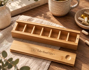 Custom Bamboo Pill Organizer, 7-Day Wooden Medicine Box, Minimalist Gift