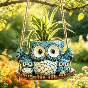 Maceta colgante de resina con diseño de 3 búhos en un columpio para suculentas, ideal para decoración de interiores, exteriores, balcones, patios y jardines.