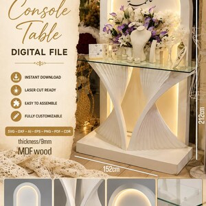 May include: A white laser-cut console table digital file for 9mm MDF wood. The table features an arched back with integrated lighting, a glass top, and two curved, fluted supports. Dimensions are 152cm wide by 212cm high. Includes SVG, DXF, AI, EPS, PNG, PDF, and CDR files.