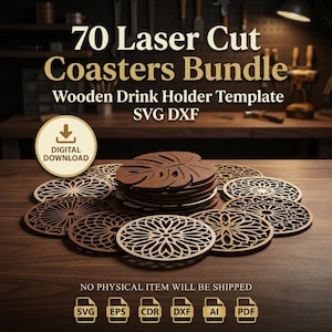 Może przedstawiać: Kolekcja okrągłych drewnianych podstawek z misternymi, wycinanymi laserowo wzorami geometrycznymi i liściastymi. Widoczny jest tekst 70 Laser Cut Coasters Bundle, Wooden Drink Holder Template, SVG DXF oraz Digital Download. Wymieniono formaty plików SVG, EPS, CDR, DXF, AI i PDF.