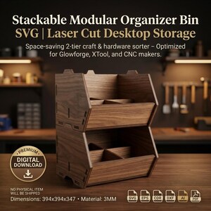 Pode incluir: Um organizador modular empilhável de dois níveis feito de madeira escura com divisórias internas. O texto diz: Stackable Modular Organizer Bin SVG | Laser Cut Desktop Storage. Dimensões: 394x394x347 - Material: 3MM.