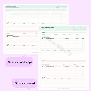 May include: A set of two Daily treatment sheet forms for veterinary technicians, one in landscape and one in portrait orientation. Each form includes sections for patient details, treatments, medications, and vitals, with text labels in English.