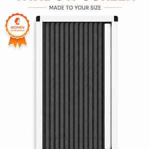 May include: An accordion window screen with a white frame and a pleated dark grey mesh. The text reads ACCORDION WINDOW SCREEN, MADE TO YOUR SIZE, and DEKORON INSECT SCREEN SYSTEMS. A circular orange badge with a white silhouette and text reads WOMEN ENTREPRENEUR.