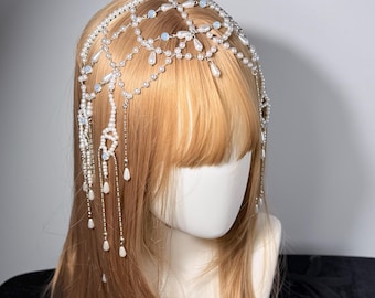 Handmade Pearl Tassel Head Chain, Multi-layer Beaded Forehead Jewelry, Boho Bridal Headpiece