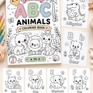Puede incluir: Un libro para colorear Summer ABC Animals de 26 páginas, 21,59 x 27,94 cm. La portada muestra un sol, una palmera, un elefante, un león y una jirafa. Se incluyen hojas para colorear individuales para las letras A a F, con un caimán, un oso, un gato, un perro, un elefante y un zorro.
