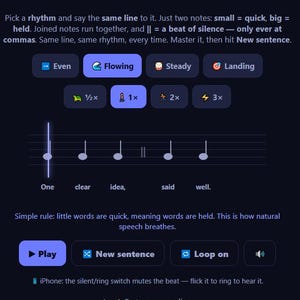 May include: The Rhythm Reader interface features a dark background with instructional text, rhythm selection buttons labelled Even, Flowing, Steady, and Landing, speed controls, a musical staff with notes, and playback buttons including Play and New sentence.