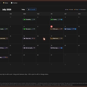 May include: A digital content calendar interface for July 2026 displayed in dark mode. The grid layout features color-coded task blocks for various days, with navigation tabs at the top labeled Content OS, Calendar, Hook Lab, Ideas, and Tracker.