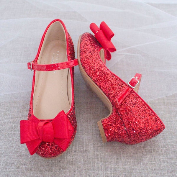 RED Rock Glitter Mary Jane Heel with GrosgrainBow, Flower Girl shoes, Birthday Shoes, Girls Party Shoes, Red Holiday Shoes