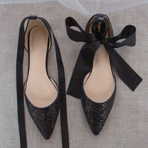 Black Rock Glitter Pointy Toe Flats With Satin ANKLE TIE or - Etsy