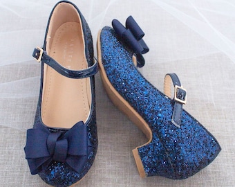 NAVY Rock Glitter Mary Jane Heel with Grosgrain Bow, Flower Girl shoes, Navy Blue Birthday Shoes, Girls Party Shoes, Holiday Shoes