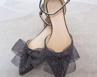 Black Rock Glitter Pointy Toe Flats with Ankle Strap & Organza Bow, Wedding Shoes, Bride Shoes, Bridesmaids Shoes, Holiday Shoes