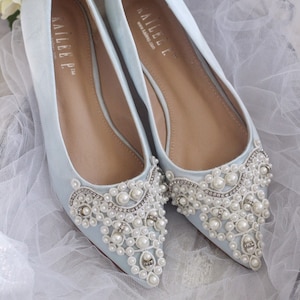 Light Blue Satin Pointy Toe Flats with PEARLS APPLIQUE - Women Wedding Shoes, Bridesmaid Shoes, Something Blue, Blue Bridal Shoes