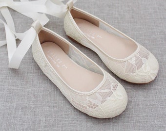 Girls IVORY Lace Ballerina Flats With Ballerina Lace Up - Flower Girl Shoes , Baptism shoes, Christening Shoes