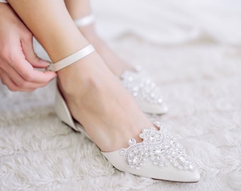 Ivory Satin Pointy Toe Flats with Sparkly RHINESTONES APPLIQUE , Fall Wedding Shoes, Bridesmaid Shoes, Ivory Bridal Shoes, Bride Shoes
