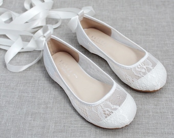 Girls White New Lace Ballerina Flats With Ballerina Lace Up - Flower Girl Shoes - Baptism shoes, Christening shoes