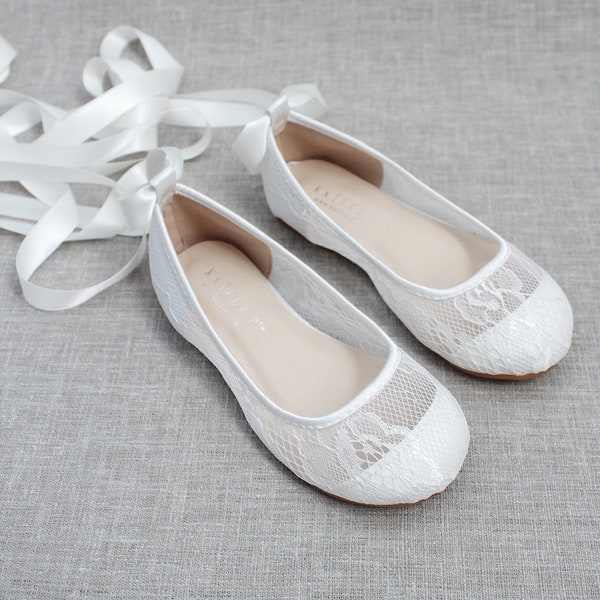 Girls White New Lace Ballerina Flats With Ballerina Lace Up - Flower Girl Shoes - Baptism shoes, Christening shoes