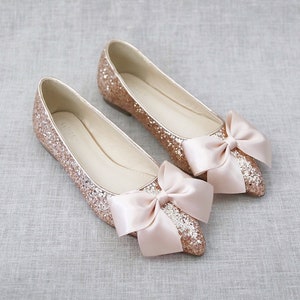 Rose Gold Rock Glitter Pointy Toe Flats with Oversized BLUSH SATIN BOW, Wedding Flats, Bridesmaid Shoes, Glitter Shoes, Holiday Shoes image 1