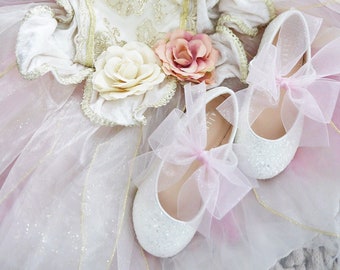 Zapatos de disfraces INSPIRADOS EN HADAS, White Rock Glitter Mary Jane con lazo de satén para zapatos de disfraces de Halloween, zapatos para niñas, zapatos de cumpleaños