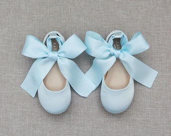 Kids Shoes | Light Blue Satin Flats with Satin Ankle Tie - flower girls shoes, Jr Bridesmaids Shoes, Satin Kids Flats, Toddler Shoes