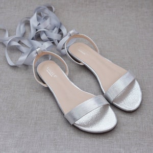 Silver Metallic Flat Sandal with BALLERINA LACE UP, Bridesmaid Shoes, Holiday Shoes, Wedding Sandals, Girls Sandal, Mommy and Me Shoes
