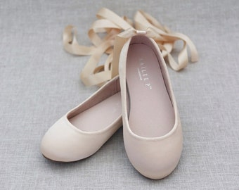 Champagne Satin Ballerina Lace Up Flats  - Satin flower girls shoes, Fall Girls Shoes, Jr. Bridesmaids Shoes, Holiday Shoes