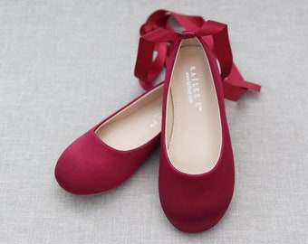 Chaussures pour enfants | Ballerines en satin bordeaux - Chaussures fleurs en satin pour filles, chaussures d'anniversaire d'automne, chaussures de vacances, chaussures de demoiselles d'honneur junior