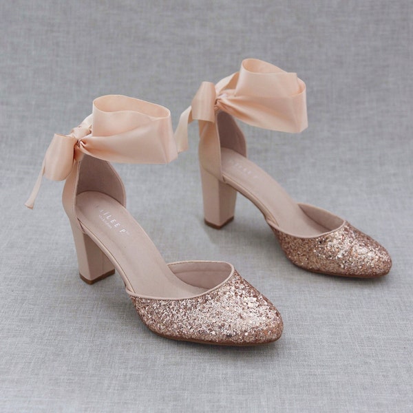 Rose Gold Rock Glitter Block Heel with Blush WRAPPED SATIN TIE, Fall Wedding Shoes, Bridesmaids Shoes, Bridal Shoes, Holiday Shoes