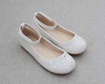 White Rock Glitter ballet flats with Ankle Strap - Flower girl shoes, Girls Shoes, Infant and Toddler Shoes, Holiday Shoes
